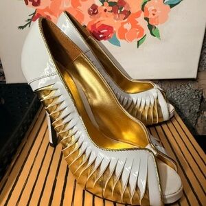 Chic White and Gold Peep-Toe Heels